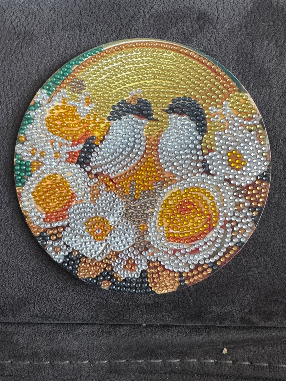 Handmade Round Floral Bird Wall Art  Coaster Trivet in Yellow and White